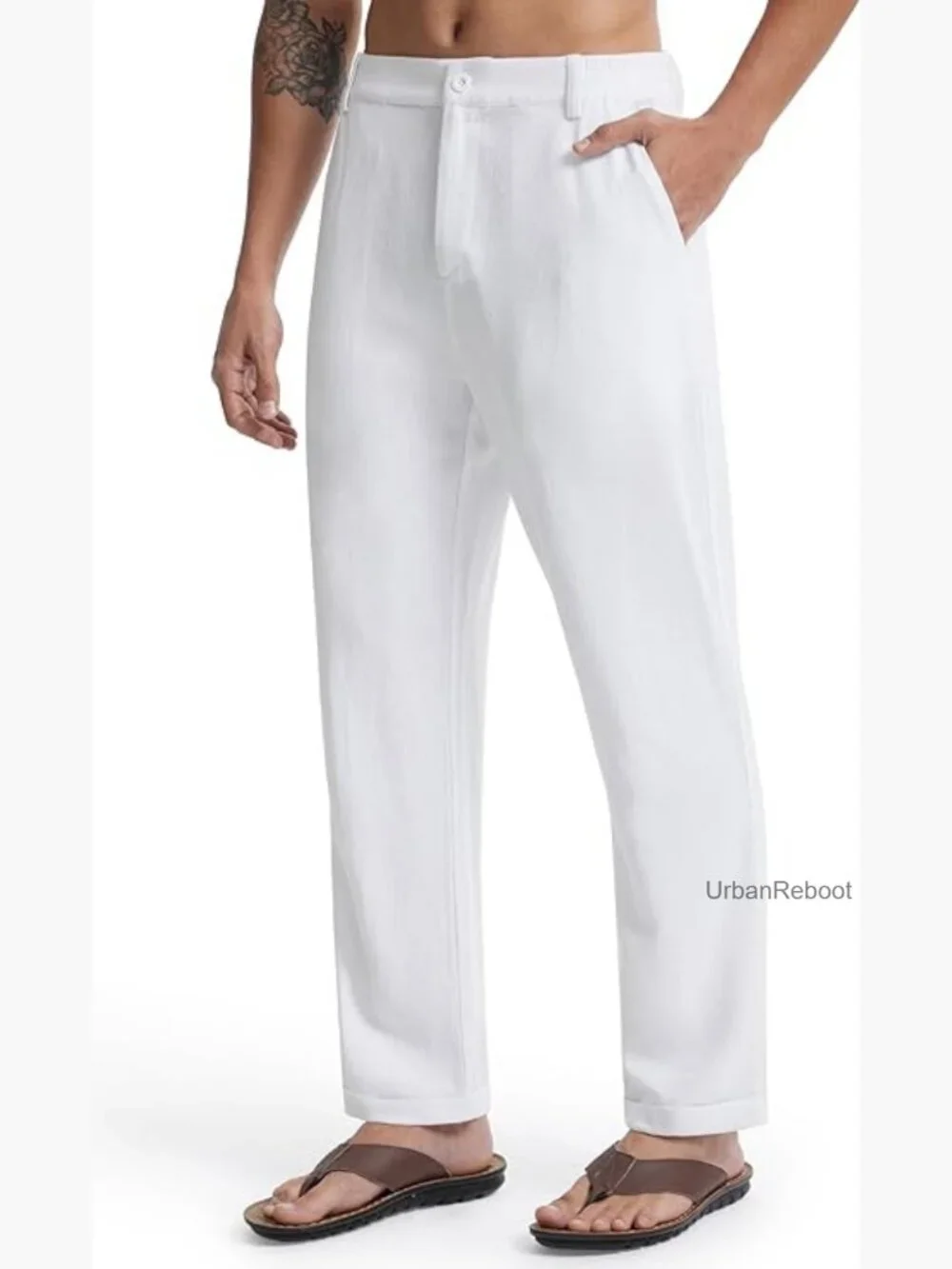Men's Linen Pants Elastic Waist Lightweight Casual Trousers with Pockets